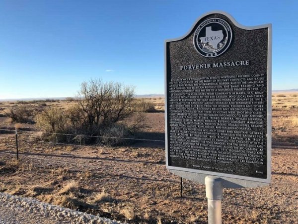 Image: Photograph of a Texas state historical marker commemorating the Porvenir Massacre. From the Texas Historical Commission.