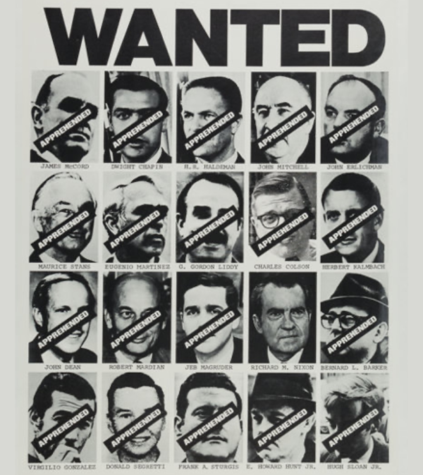 Image: "Wanted" poster showing portraits of members of the Watergate affair