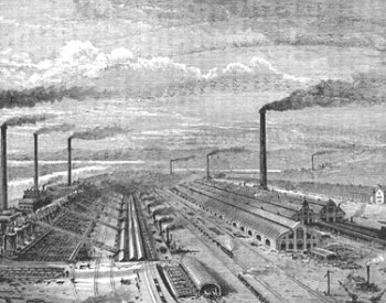 Image: Illustration of Steelworks at Barrow-in-Furness made in 1877 or earlier. From the Wikimedia Commons.