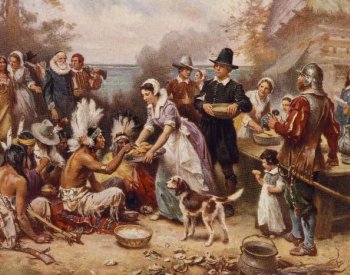 Image: Reproduction of The First Thanksgiving 1621, originally painted by J.L.G. Ferris. From the Library of Congress.