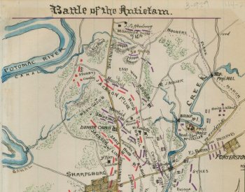 Image: Map of forces in Washington County, Maryland during the Battle of Antietam by Robert Knox Sneden, 1861-1865. From the Library of Congress